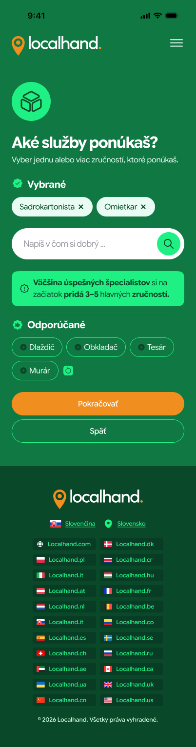 Obrazovka Aké služby ponúkaš? Vybrané sú služby Sadrokartonista a Omietkar, pod nimi sú odporúčané zručnosti.